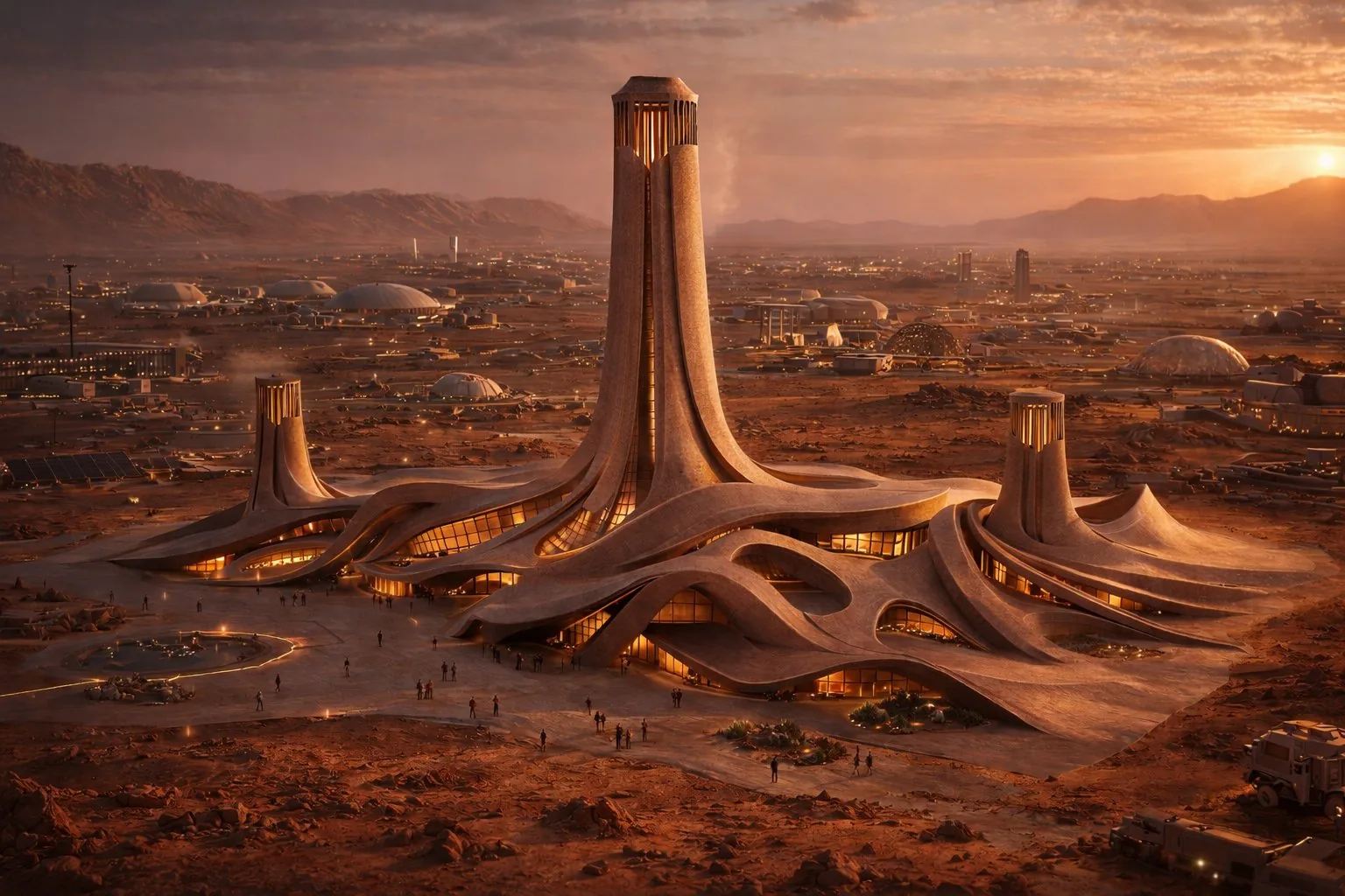 CFAM-2120 exterior — three atmospheric towers rising from the Martian landscape