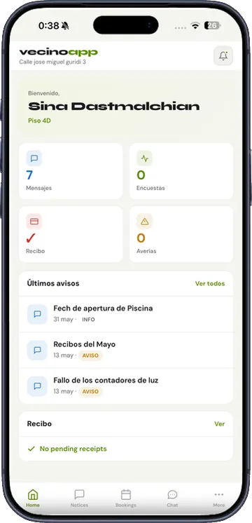VecinoApp resident home screen showing notices, receipts and bookings