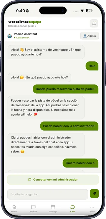 VecinoApp assistant answering a resident question in Spanish
